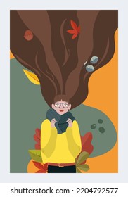 A beautiful girl in a scarf and glasses against the background of falling leaves of maple, oak, aspen. The concept of enjoying a cozy autumn. Autumn postcard. Vector illustration in flat style