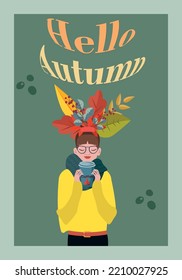 A beautiful girl in a scarf and glasses against the background of falling leaves of maple, oak, aspen. The concept of enjoying a cozy autumn. Autumn postcard. Vector illustration in flat style