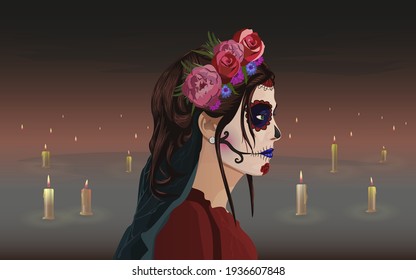 Beautiful girl with a scary makeup on a graveyard. The holiday of the day of the dead.  Dia de los muertos. Isolated vector illustration.