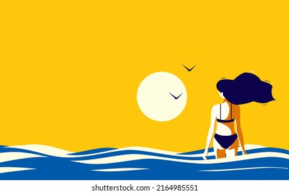 A Beautiful Girl In The Sea Looks At The Horizon And The Sun. Summer Vacation By The Sea.