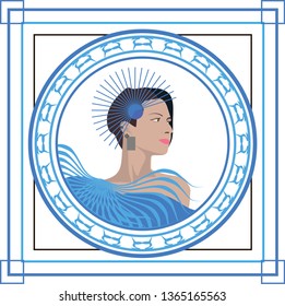 the beautiful girl of the sea waves in a round ornamental frame in the art Deco style