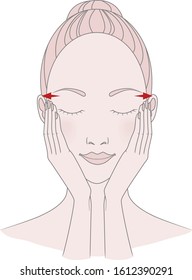 Beautiful girl. Self-massage of the area of wrinkles around the eyes. Vector illustration