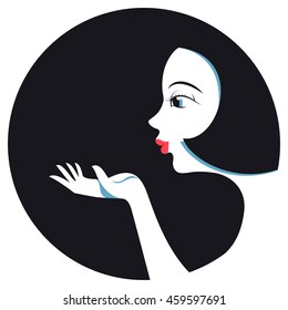 Beautiful girl sending air kiss. Stylish vector illustration in the circle. Use as a template.