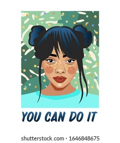 Beautiful girl with sequins and monstera. You can do it. Typography slogan with girl. Sequins girl slogan.