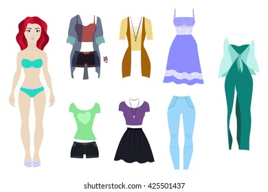 Beautiful Girl With A Set Of Women's Clothing. Cute Dress Up Paper Doll. Summer Collection. Cartoon Style