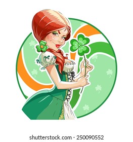 Beautiful girl with shamrock for saint Patricks day. Eps10 vector illustration. Isolated on white background