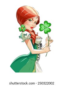 Beautiful girl with shamrock for saint Patricks day. Eps10 vector illustration. Isolated on white background