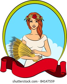 Beautiful girl with sheaf of wheat. Vector