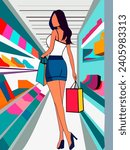 Beautiful girl with shopping bags in a shopping center. Colored Vector illustration, for decoration and creating scenes on the theme of shopping and trade