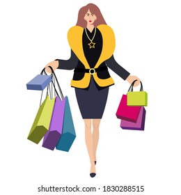 Beautiful girl with shopping bags, great design for any purposes. Flat illustration. Shopping concept, happy woman in heels walking with bags from supermarket