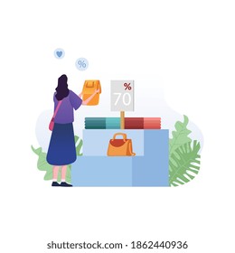 Beautiful girl is shopping. The girl holding bag. Big sale and discount. Fashionable. Vector illustration of a flat design