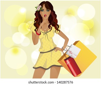 Beautiful girl with shopping. Girl shows the sign " quietly", "'t tell anyone", "secret". The background of the shop. In the hand of the girls a lot of packages with shopping. Girl with yellow dress.