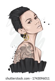 Beautiful girl with short hair. Big eyes and full lips. Vector illustration for greeting card or poster, print on clothes. Fashion and style, accessories.
