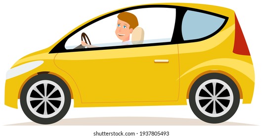 Beautiful girl with short hair driving yellow transport. Hatchback, smart, passenger car with driver