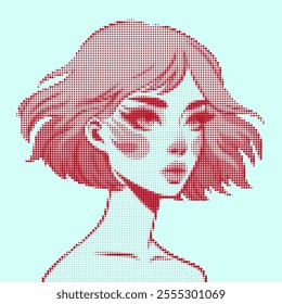 beautiful girl with short hair, pop art, retro halftone style illustration, woman portrait poster