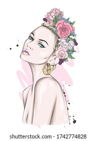 Beautiful girl with short hair in a wreath of roses and peonies. Flowers Big eyes and full lips. Vector illustration for greeting card or poster, print on clothes. Fashion and style, accessories.