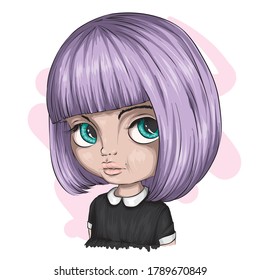 Beautiful girl with a short haircut. A cute baby. Vector illustration for a postcard or poster, print on clothes. Fashion and style, accessories.