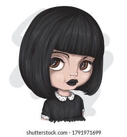 Beautiful girl with a short haircut. A cute baby. Vector illustration for a postcard or poster, print on clothes. Fashion and style, accessories.