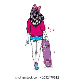 Beautiful girl in shorts and with a skateboard. A skater girl. Vector illustration. Street sports, skateboarding, extreme.