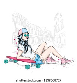 Beautiful girl in shorts and with a skateboard. A skater girl. Vector illustration. Street sports, skateboarding, extreme.