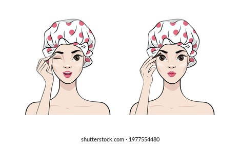 Beautiful girl in a shower cap makes eyebrow makeup