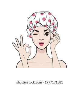 Beautiful girl in a shower cap shows OK gesture and winks. Cartoon woman makes eyebrow makeup.