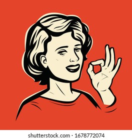 Beautiful girl shows hand gesture OK. Retro comic pop art vector illustration