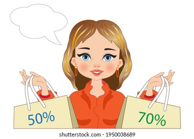 Beautiful girl shows shopping bags during the sales