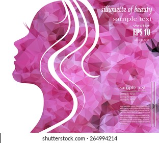 Beautiful Girl Silhouette With Colorful Hair, Vector Background. Abstract Design Concept For Beauty Salon, Spa, Cosmetic Shop, Flyer, Brochure, Cover, Banner, Placard.