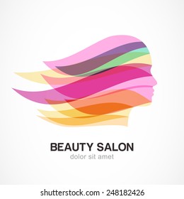 Beautiful girl silhouette with colorful streaming hair. Abstract design concept for beauty salon, massage, cosmetic and spa. Vector female logo design template.  