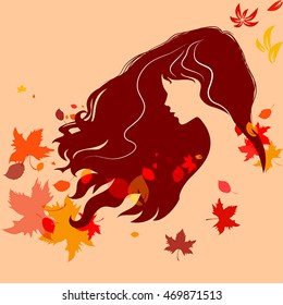 beautiful girl silhouette with flying hair and colorful autumn leaves. detailed vector illustration, good for your design!