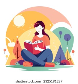 A beautiful girl sits on the lawn and carefully reads a book. Education and training. Parks and travel. Logo. Vector graphics.