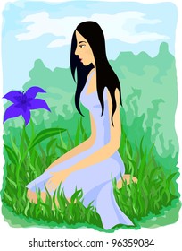 Beautiful girl sitting among grass and looking at the blue flower. Eps 10