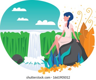 A beautiful girl sitting   chilling the waterfalls  This is suitable for web  wallpaper  merchandise  card  etc 