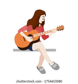 Beautiful girl is sitting the guitar, isolated on a white background, vector image.Female guitarist holding a musical instrument.

