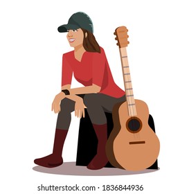 A beautiful girl sitting with a guitar on the side.Vector illustration isolated on white background.Female guitarist holding a musical instrument.