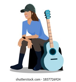 A beautiful girl sitting with a guitar on the side.Vector illustration isolated on white background.Female guitarist holding a musical instrument.