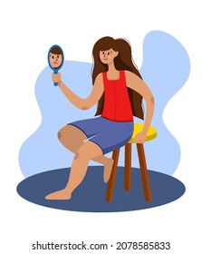 A beautiful girl is sitting, looking in the mirror and smiling. Smiling sweet girl. Vector illustration in a flat style.