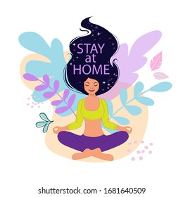 Beautiful girl sitting in lotus position and tropical leaves on a white background. Meditation and Yoga Poses. Stay at home. Corona virus concept. Epidemic disease concept