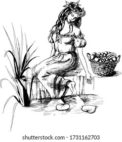 A beautiful girl is sitting near the pond. Vector black and white illustration. Hand drawn.