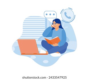 A beautiful girl is sitting on the bed, reading a book and making a call from her smartphone. Woman with phone calling to customer support service concept. flat vector modern illustration