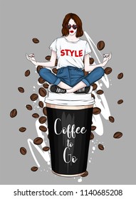 Beautiful girl is sitting on a glass of coffee. Vector illustration for a postcard or a poster. Hand drawing. Coffee to go. Fashion & Style.