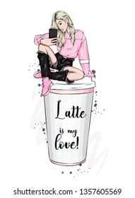 Beautiful girl is sitting on a glass of coffee. Vector illustration for a postcard or a poster. Hand drawing. Coffee to go. Fashion & Style.