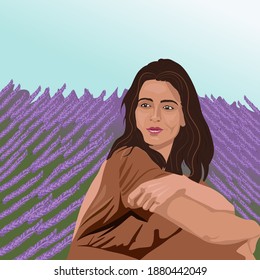 A beautiful girl is sitting on a lavender field. Vector