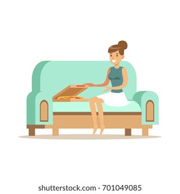 Beautiful girl sitting on a light blue sofa and eating pizza, woman resting at home vector Illustration