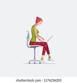 Beautiful girl is sitting on modern office chair and working with laptop. Vector illustration.