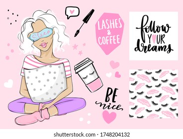 Beautiful girl sitting in pajamas and sleeping mask. Seamless pattern with lashes and quote about mascara, poster with inspirational phrase and Paper coffee cup. Cute vector kit for young women, teens