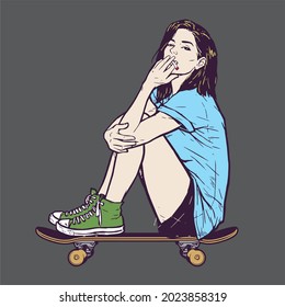 beautiful girl sitting relaxing on skateboard