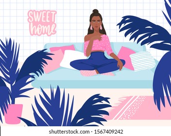 Beautiful girl sitting and resting on sofa surrounded by exotic home plants. Young woman character in scandinavian style. Scandic vector illustration. Sweet home.