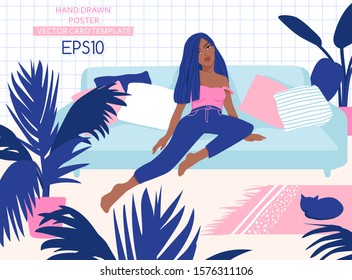 Beautiful girl sitting and resting on sofa surrounded by exotic home plants. Young woman character in scandinavian style. Scandic vector illustration. Cozy home.